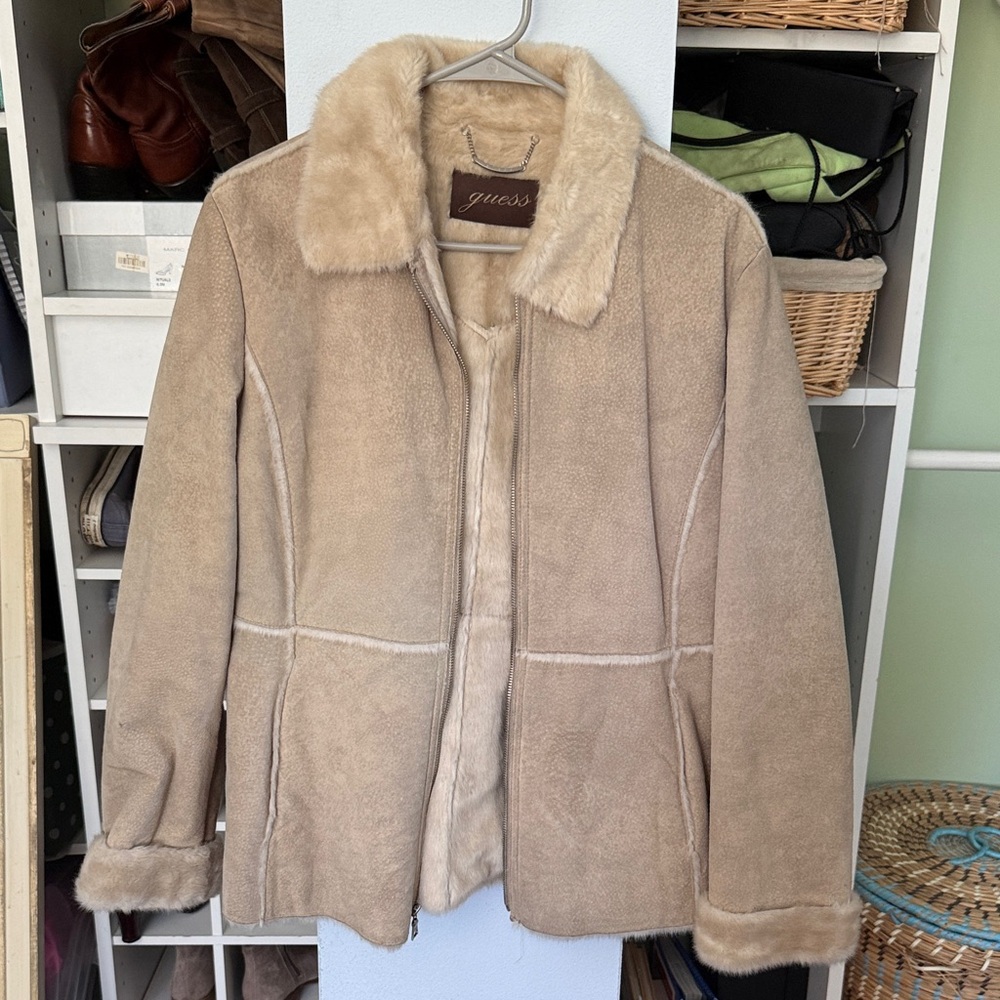 GUESS Tan Shearling-Lined Suede Teddy Jacket